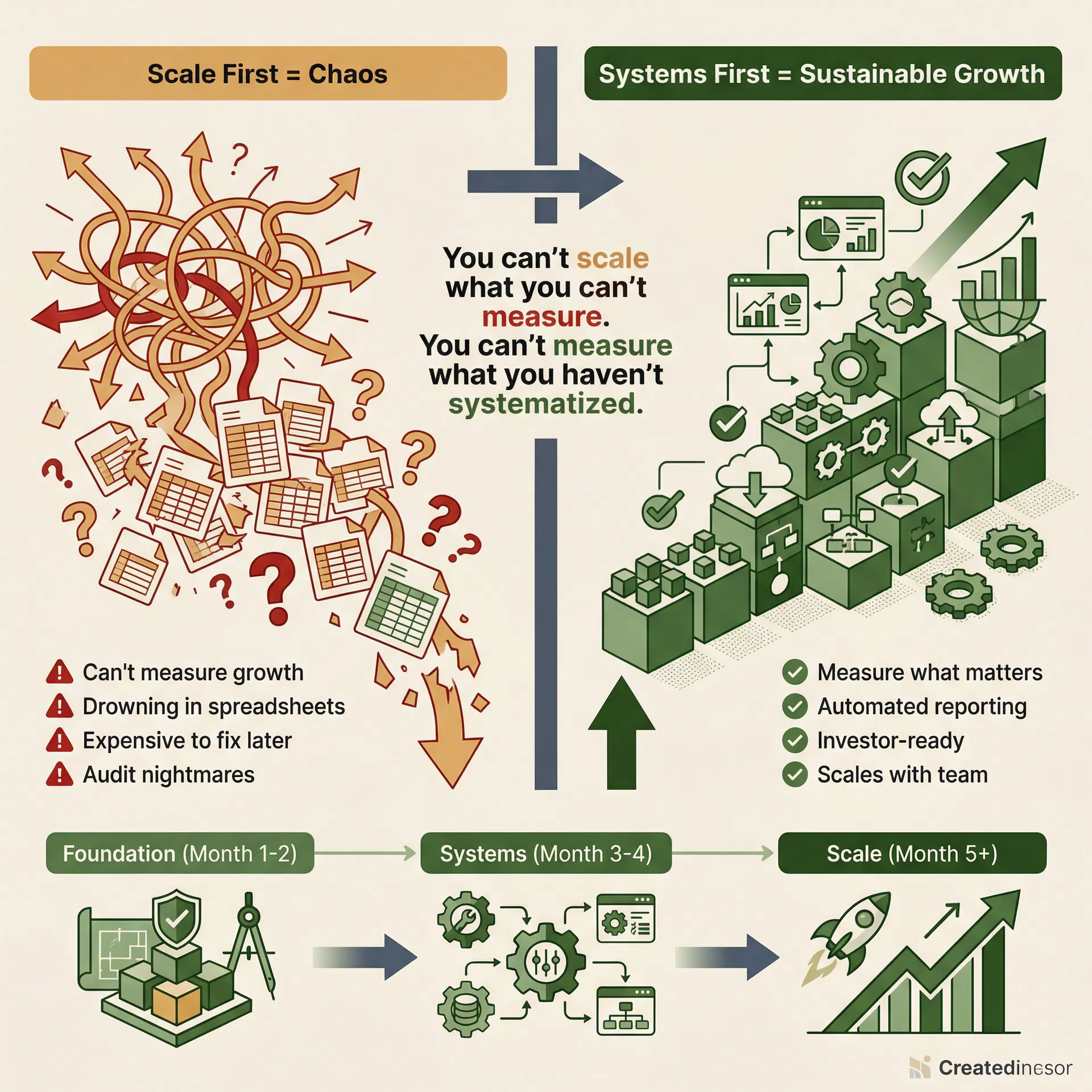 A comparison: scaling first produces chaos, while building systems first produces sustainable growth, shown across a foundation, systems and scale timeline.