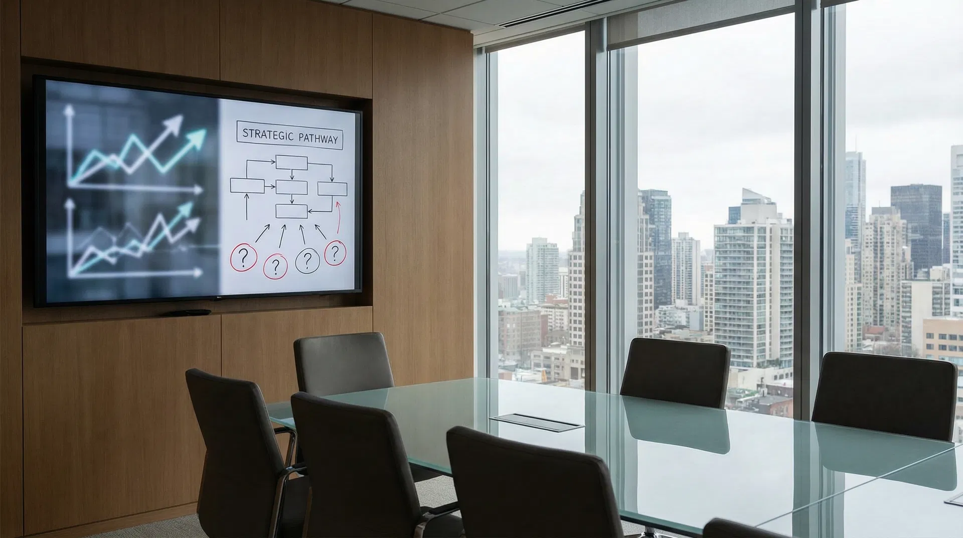 A boardroom with a strategy diagram on screen and a city skyline beyond.