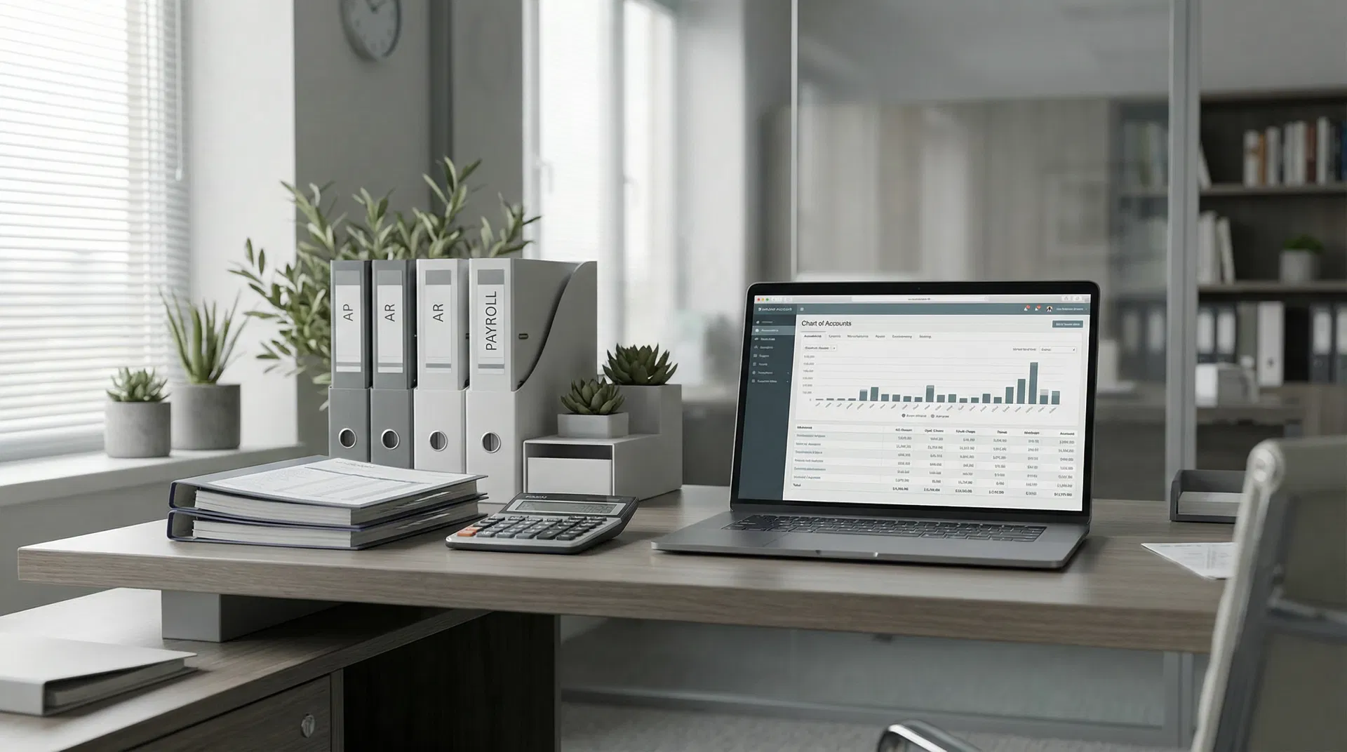 A writing desk with a laptop, reference binders and a reporting screen.