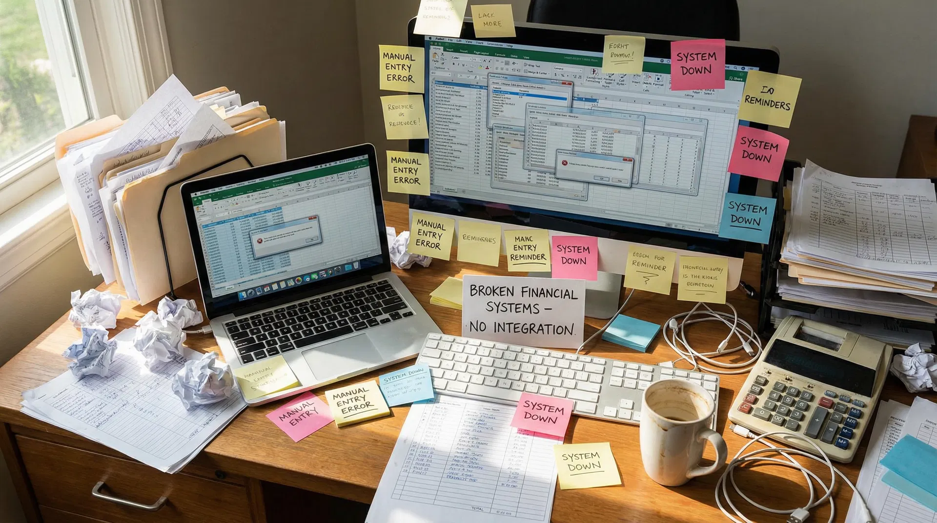 A desk buried in sticky notes, printouts and a laptop, work tracked by hand.