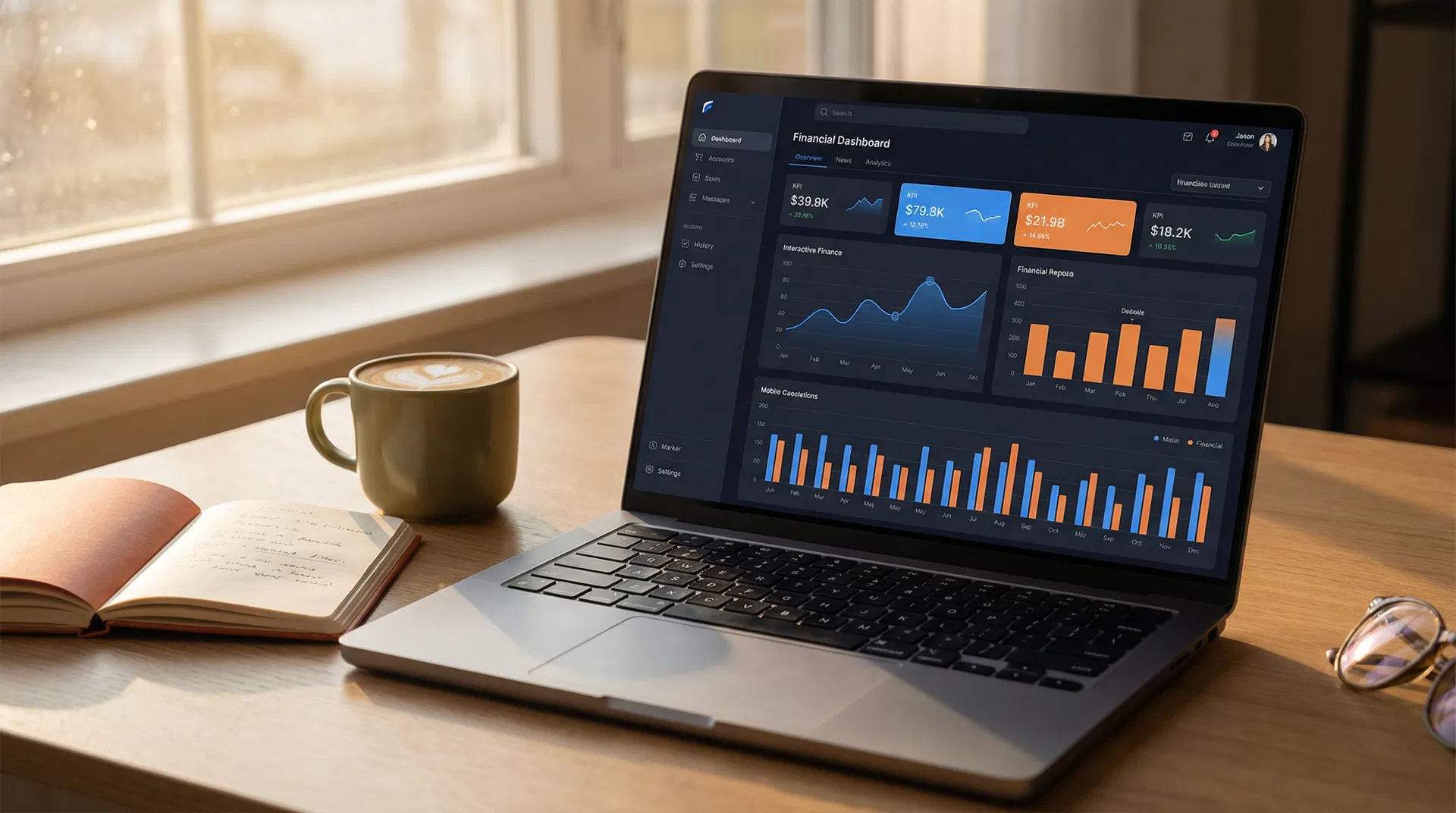 A laptop showing a financial dashboard on a warm wooden desk.
