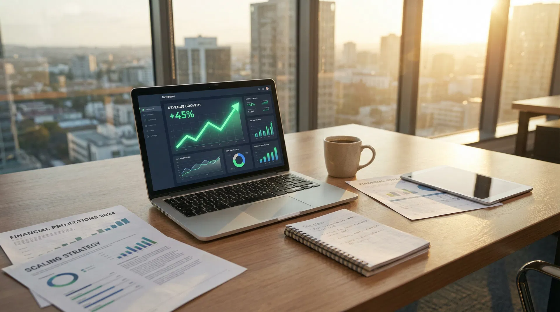 A laptop showing a growth chart on a desk beside printed projections, city skyline beyond.