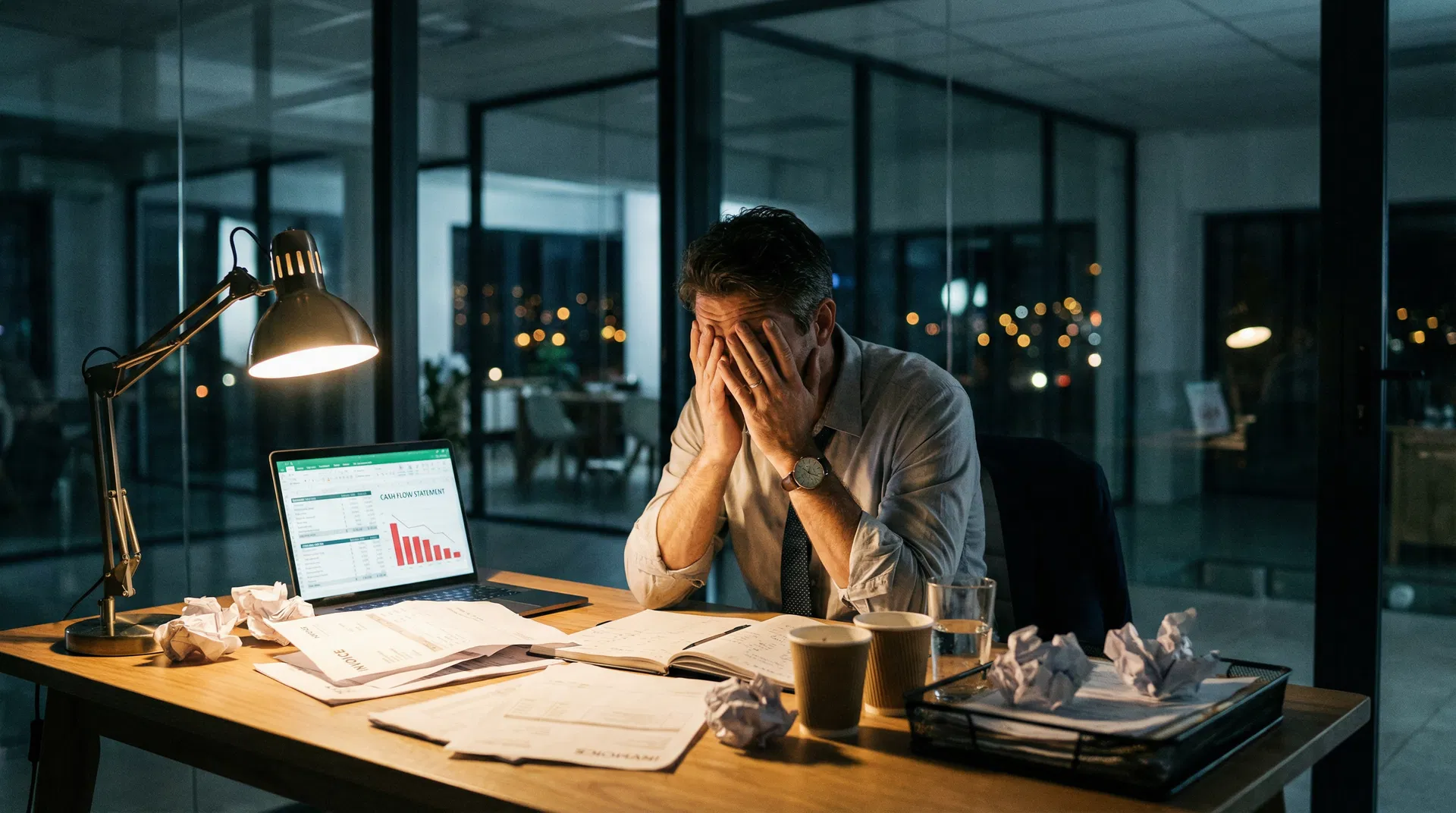 An owner working late at a desk covered in reports, head in hands.