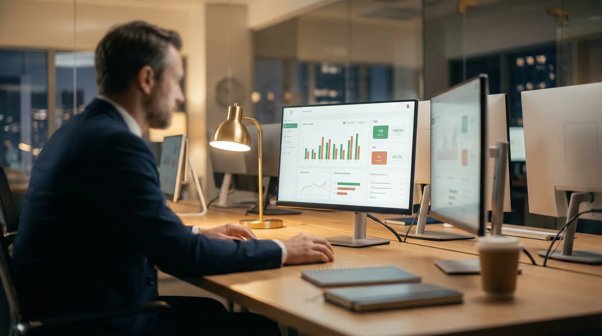 Operating dashboards on desk monitors in the evening, reporting in view.