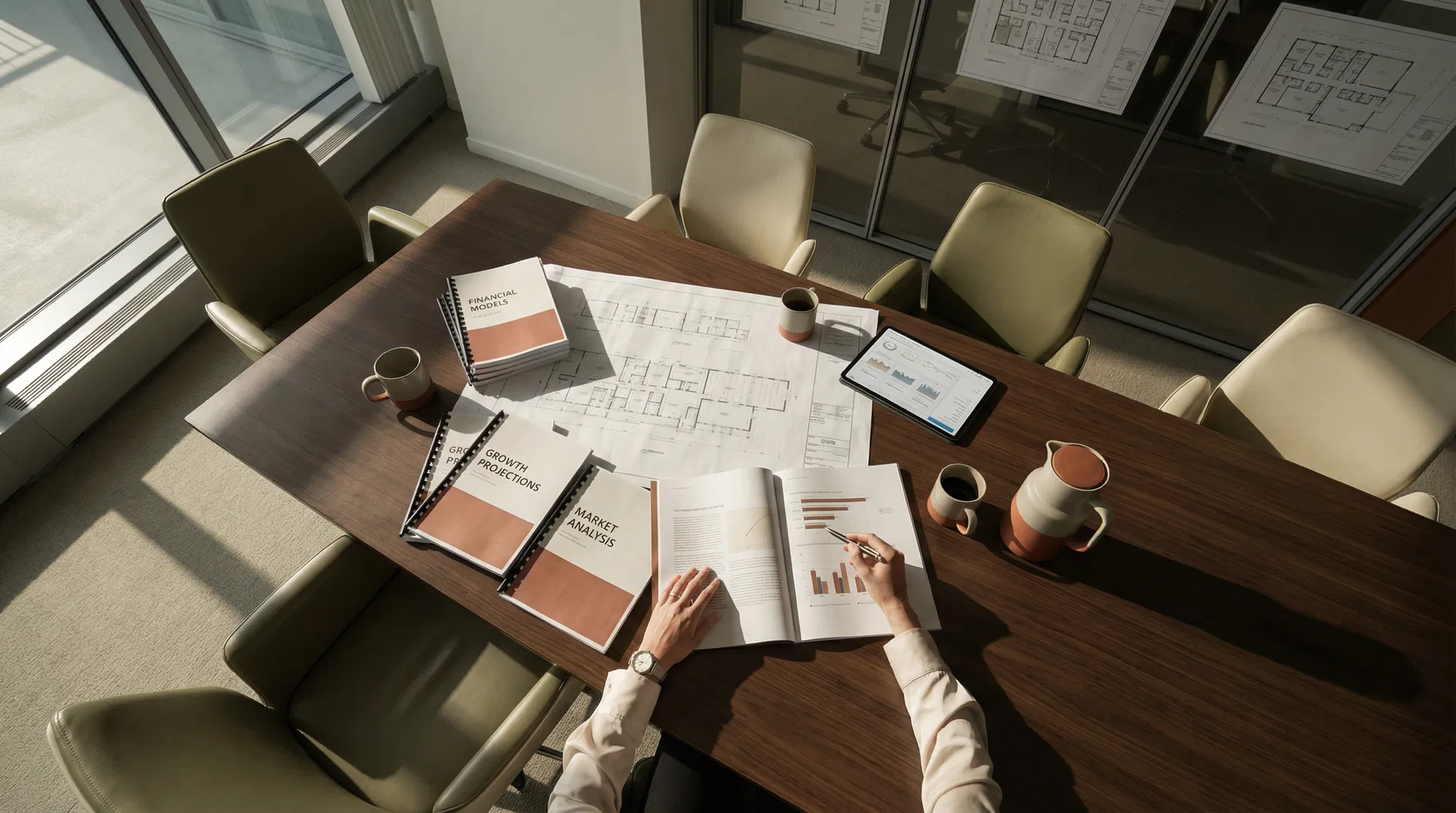An overhead view of a planning session: notebooks, printed figures and coffee.