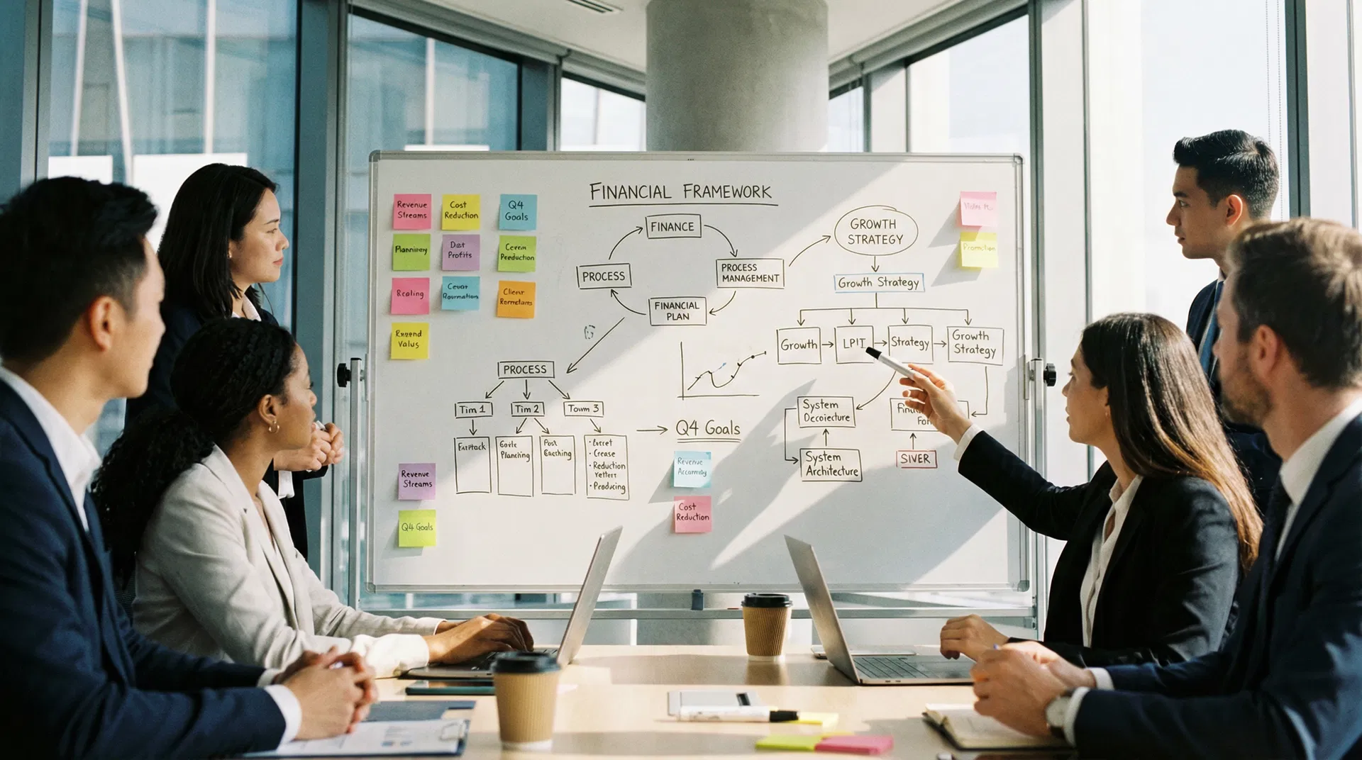 A team mapping a business framework across a whiteboard.
