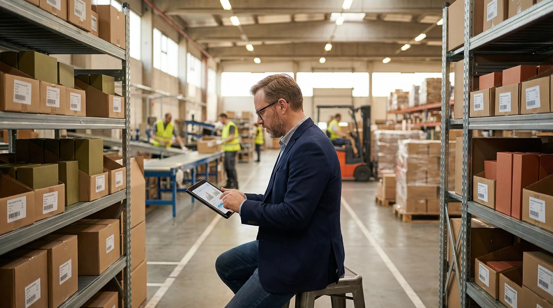 An operator reviewing stock on a tablet between warehouse racking.